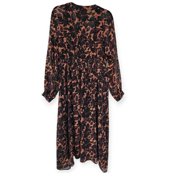 ASTR The Label Floral Smocked V-Neck Long Sleeve Dress Black/Coral Women Sz L - Picture 3 of 16